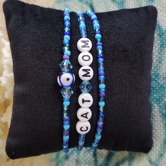 Hand Crafted Jewelry - Seed Bead Stack Stretch Bracelets"Cat Mom" & "Evil Eye" Bracelets